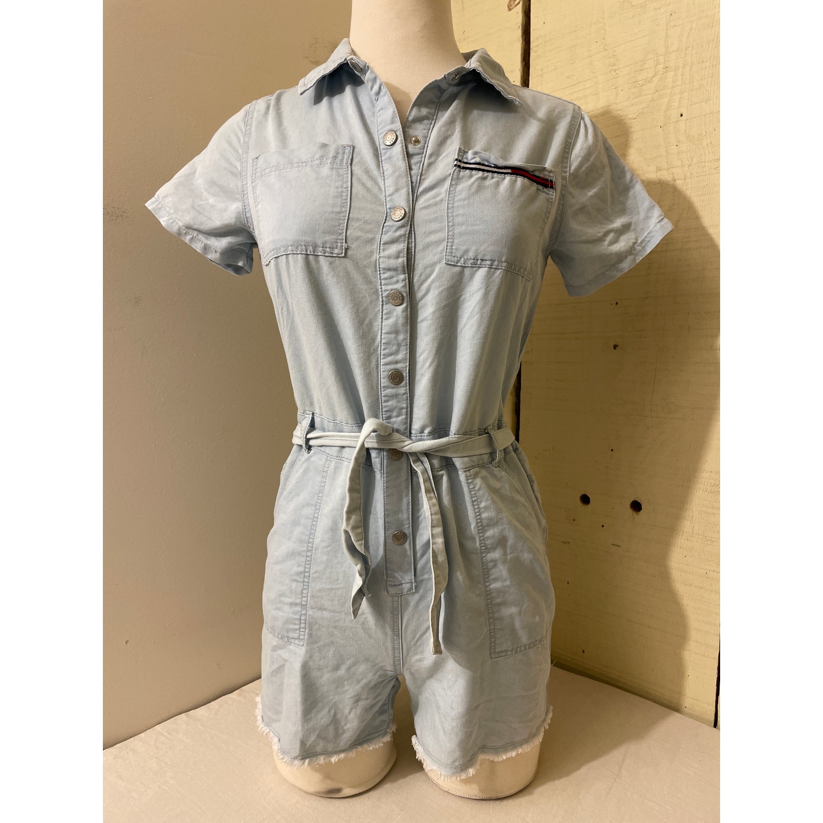 Tommy Hilfiger Size Xl 16 Girls Short Sleeve Romper One Piece Denim Shorts